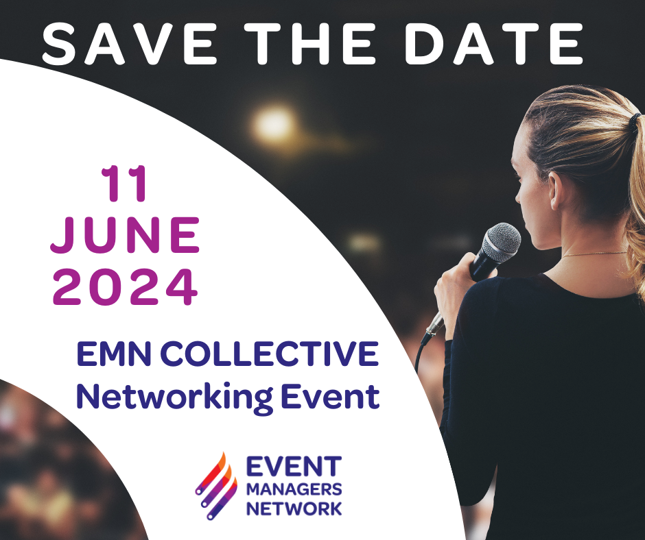 Image of woman on stage with microphone and words that say "Save the Date" and "11 June 2024 EMN Collective Networking Event"